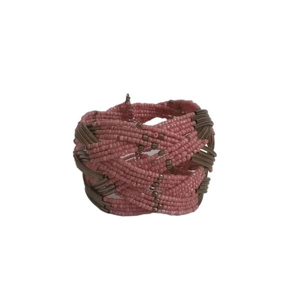 Sonoma Life + Style Coral Pink & Gold Toned Seed Beaded Cuff Fashion Bracelet - Picture 1 of 8